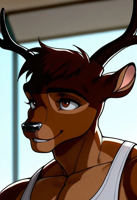 <lora:Bambi_KappaX:1>, bambi, kappaX, deer, antlers, light brown fur, brown eyes, perfecteyes, short hair, furry male, furry, solo, 1boy, anthro, muscular, bara, athletic build, large pectorals, beautiful, hyper-detailed, depth of field, highres, absurdres, HD, very aesthetic, high sharpness, beautiful vibrant colors, dynamic angle, semi-realistic lighting, detailed background, gym, white tank top, dolphin shorts, face focus, close up, portrait, smile, teeth, (artist:syuro:0.8), (artist:nomax:0.5), (artist:honovy:0.6), (artist:kenket:0.6), (artist:taran fiddler:0.6)
