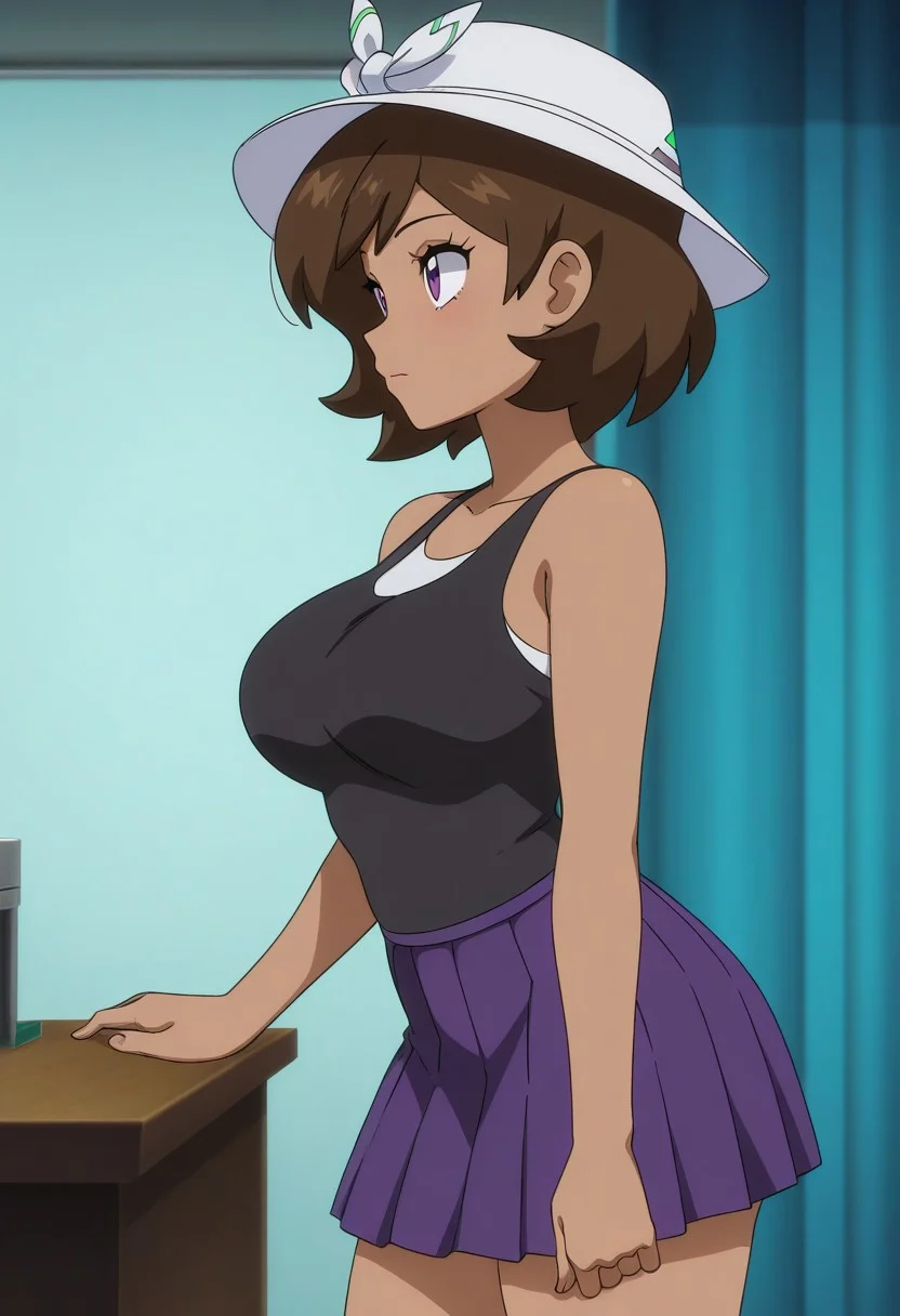 pokemon \(classic anime\), anime screencap, best quality, masterpiece, amazing quality, very aesthetic, absurdres,
1girl, solo, side view,
trainerjasmine, jasmineoutfit, hat, skirt,
dark-skinned female, purple eyes, brown hair, (large breasts:0.75),
indoors