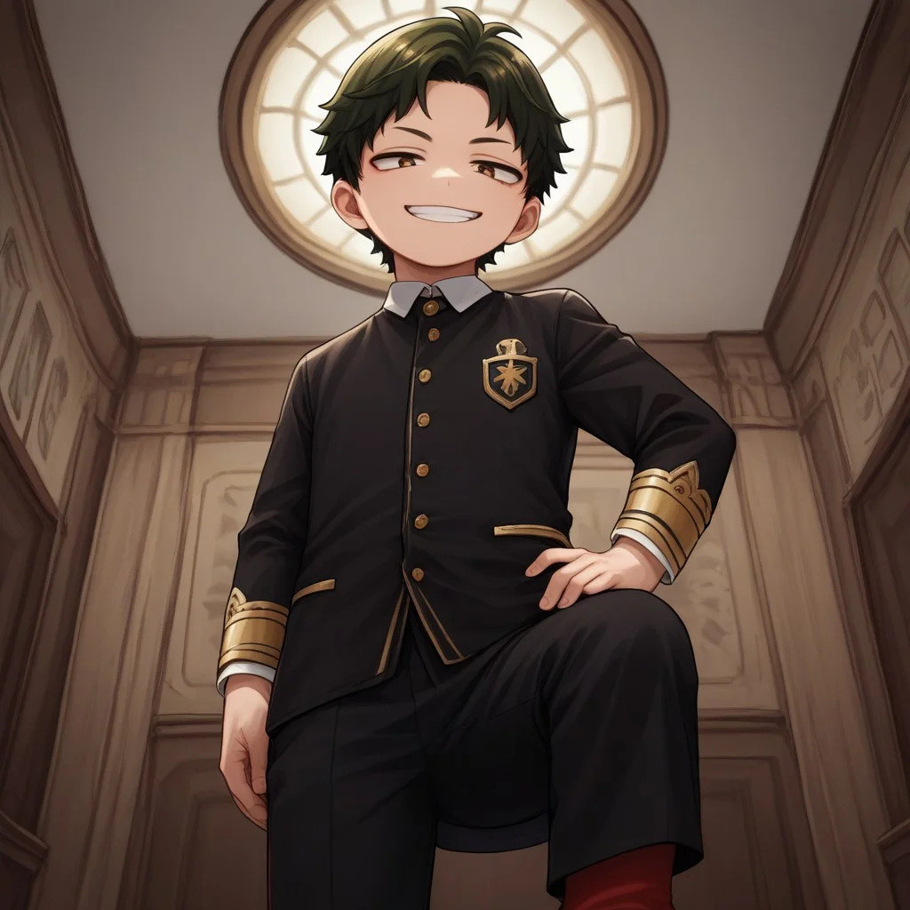 score_9, score_8_up, score_7_up, source_anime, highly detailed, cute boy, 1boy, solo, young, damian desmond, short hair, brown hair, brown eyes, Eden academy school uniform, gold trim, knee length trousers, red socks, black dress shoes, smug smile, from below, hand on hip