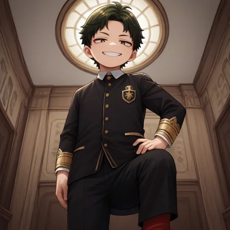 score_9, score_8_up, score_7_up, source_anime, highly detailed, cute boy, 1boy, solo, young, damian desmond, short hair, brown hair, brown eyes, Eden academy school uniform, gold trim, knee length trousers, red socks, black dress shoes, smug smile, from below, hand on hip