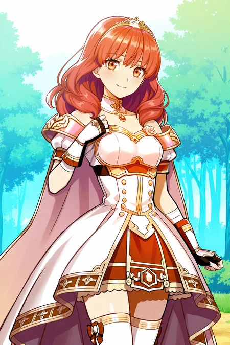 anime screencap, anime coloring, detailed face, masterpiece, best quality, very aesthetic, absurdres, volumetric lighting, official style, amazing quality, ultra detailed, highres, amazing quality, scenery, beautiful detailed hair, beautiful detailed eyes,
<lora:StS-Illustrious-Detail-Slider-v1.0:4>
outdoors,
<lora:Fire_Emblem_Heroes_art_style:1>
Celica caring princess (outfit), Celica (FE heroes), FE heroes style, 1girl, red hair, tiara, jewelry, solo, fingerless gloves, thighhighs, long hair, zettai ryouiki,
looking at the viewer, smile, cowboy shot