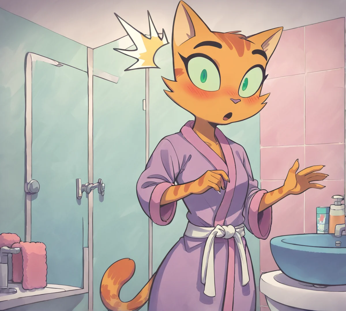 Fran, zPDXL, best quality, amazing quality, score 9, 1girl, bathrobe, towel, bathroom, shocked, surprised, looking at viewer, blush, <lora:Fran:1>