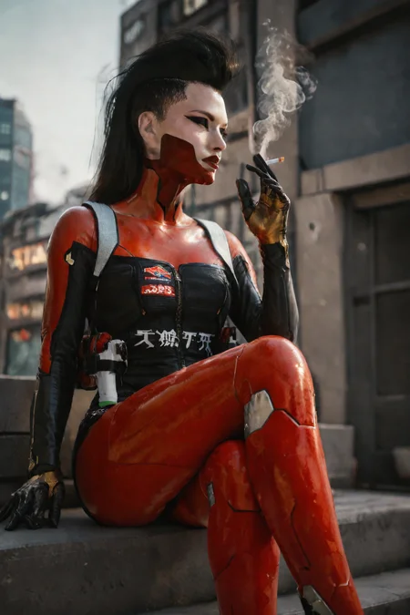 ((Glamour Portrait)),score_9, score_8_up:1.1),score_7_up,1girl.
Cyberpunk woman in futuristic red and black bodysuit, sitting casually on ledge at night. Long black hair in high ponytail with shaved sides. Striking makeup with sharp eyeliner and red face paint. Robotic arms and legs visible. Holding lit cigarette in raised hand. Urban nighttime background with neon lights. Confident pose, looking to the side. Sleek, high-tech aesthetic with a mix of shiny and matte textures on the suit. Strong contrast lighting emphasizing red outfit against dark surroundings. 
<lora:cyberpunk_tiger_claws_woman:0.7>
 <lora:d3t41l3dXLP:1>d3t41l3d