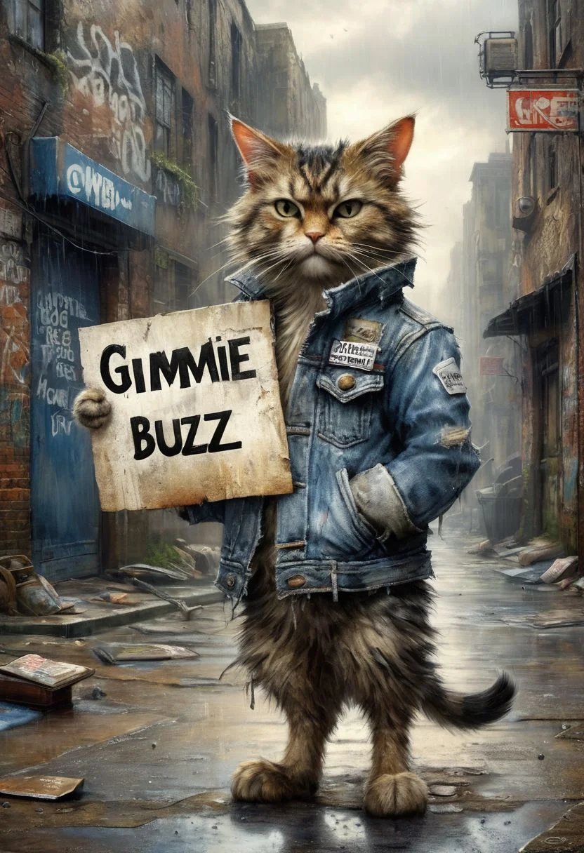 disheveled cat, inspired by Sean Äaberg, (holding sign with text:"gimmie buzz":1.4 ), denim jacket, chaotic urban background, graffiti-covered walls, haggard and defeated expression, low light, dystopian cityscape, raining ,hauntingly beautiful, hyperrealistic, ultra resolution, professional photo, Jean-Baptiste Monge Style page