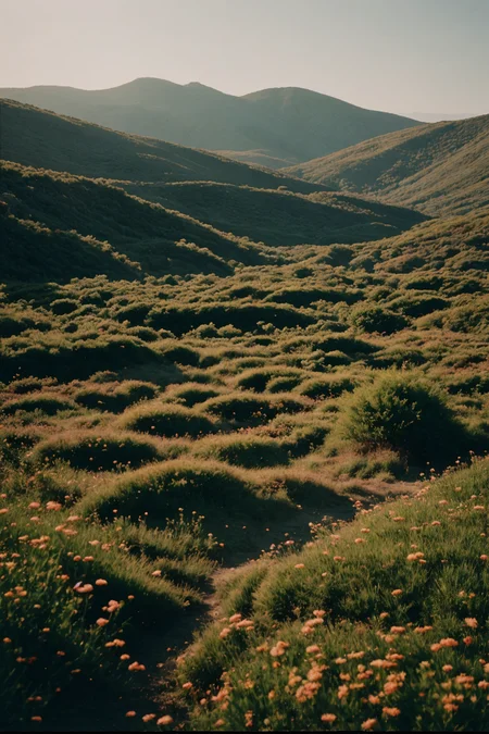 analog film photo  Dreamlike rolling hills dotted with a whimsical garden. . faded film, desaturated, 35mm photo, grainy, vignette, vintage, Kodachrome, Lomography, stained, highly detailed, found footage
