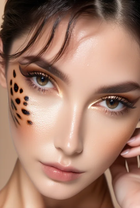 (masterpiece,best quality, ultra realistic,32k,RAW photo,detail skin, 8k uhd, dslr,high quality, film grain:1.5),
 short hair , black hair hair:1.1,portrait,lady,  brown eyes, dark black bonnet, freckles,
(zebra print gradient background,led light, edge light, simple background)
