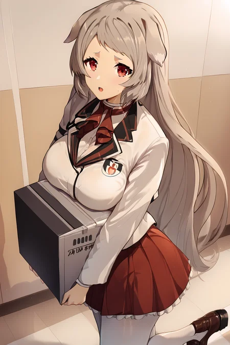 oppairest, (holding box), breasts on box,walking <lora:_sdxl-oppairest-pony:1.3>, <lora:pursena-adoldia-s2-ponyxl-lora-nochekaiser:1> pursena adoldia,long hair,red eyes,animal ears,very long hair,grey hair,large breasts,skirt, long sleeves, pantyhose, frills, shoes, red skirt, loafers, white pantyhose, blazer, white blazer, Score_9, Score_8_up, Score_7_up, Score_6_up, Score_5_up, Score_4_up, BREAK,1girl in full growth, best quality, masterpiece, ultra-detailed, high quality,good quality,1 girl,(master piece,high resolution, ultra detailed,8K,16K),look at viewer