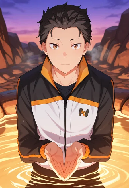 masterpiece, best quality, intricate details, anime screencap, , , looking at viewer, 1boy, solo, male focus, <lora:subaru_natsuki_ilxl:0.92>, subaru_natsuki, black hair, brown eyes, short hair, natsuki subaru, hair slicked back, track jacket, volcanic springs, steam pools, mineral deposits, rock paths, bathing pose, relaxed expression, evening,