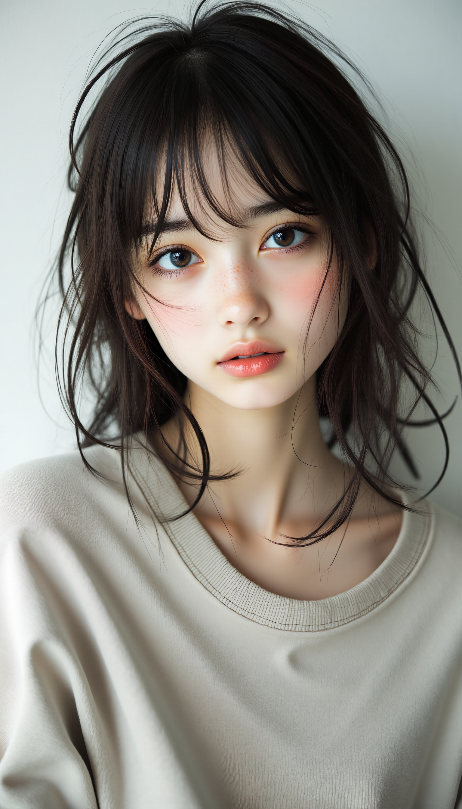 midjourney_whisper_innocent_eyes, beautiful teenage Japanese girl, expressive innocent eyes, undeniable inner strength, perfectly proportioned face, model-like features, natural beauty, minimal makeup, youthful charm, simple background, captivating gaze, understated stylish outfit, elegance and poise, <lora:midjourney_whisper_innocent_eyes_v01:1>,