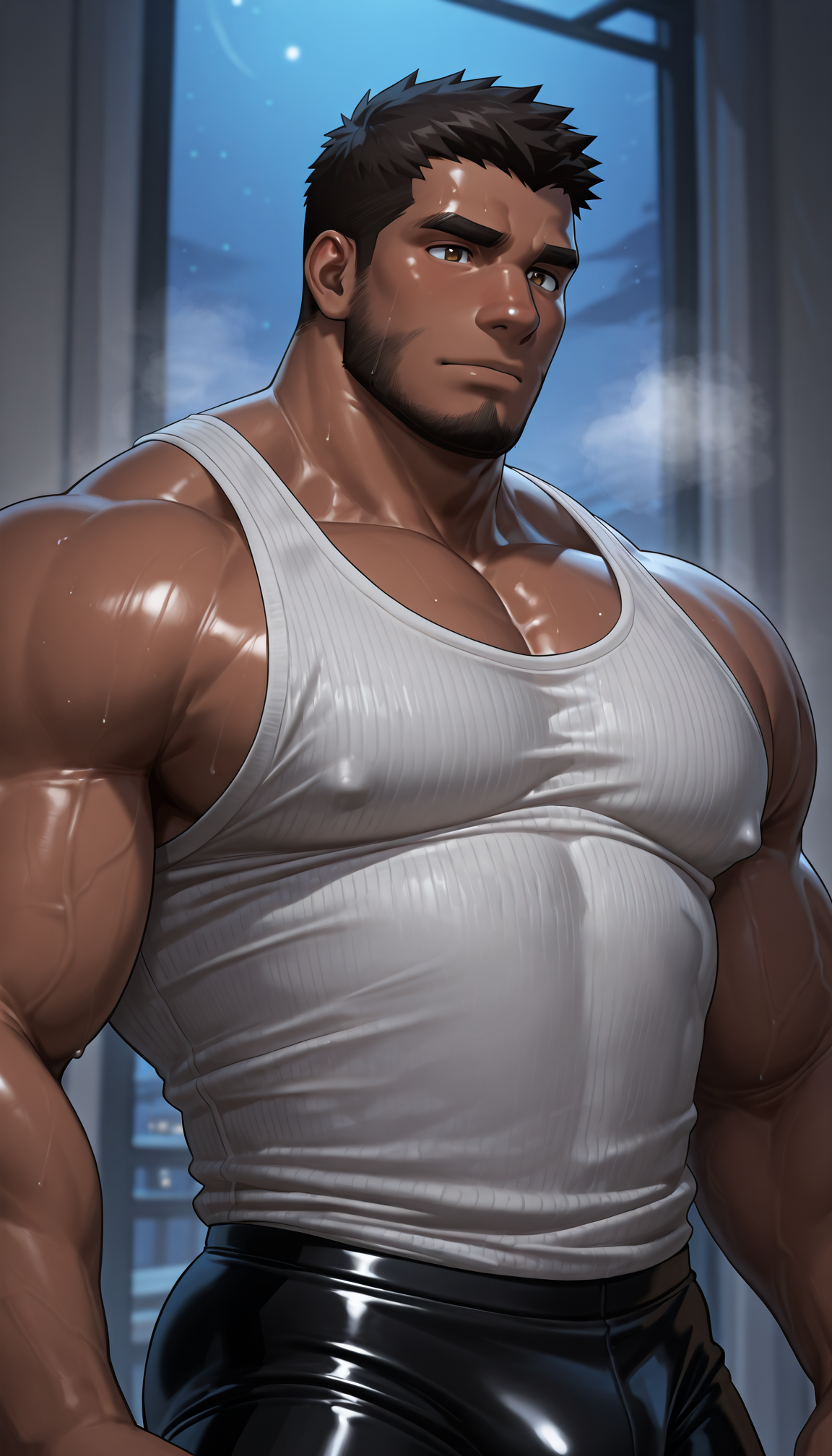 male focus,facial hair,solo,muscular,(detailed eyes:1.2, detailed face, nice eyes),dark-skinned male,steaming body,bodysuit,tank top,night,<lora:takahirosi-14:0.9>,