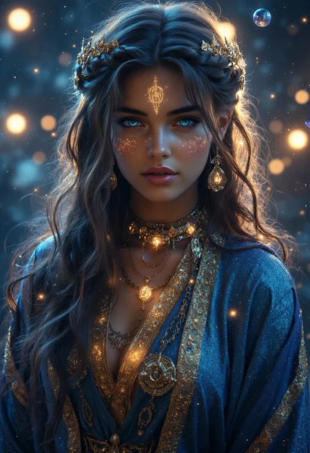 Gorgeous Galactic, A hyper-realistic portrait of a galactic female with glowing skin that shimmers with the colors of the cosmos, adorned with intricate golden ornaments and celestial jewelry. Her body is marked with luminescent runes that pulse faintly, creating a mystical aura. She wears a flowing, iridescent robe made of stardust-like fabric, and her hair cascades like a nebula, swirling with vibrant colors. The background features distant galaxies and stars, with soft beams of light illuminating her divine form. The image is framed with a cinematic close-up to capture the intricate details of her ornaments and glowing runes.