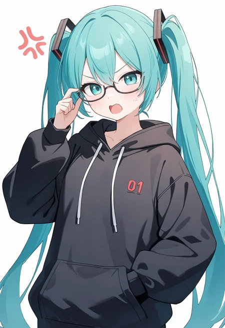 ,hatsune miku, 1girl, solo, long hair, looking at viewer, open mouth, blue eyes, simple background, long sleeves, hair ornament, white background, hair between eyes, very long hair, twintails, upper body, glasses, fang, hood, aqua eyes, v-shaped eyebrows, hoodie, aqua hair, hood down, puffy long sleeves, anger vein, semi-rimless eyewear, angry, black-framed eyewear, hand in pocket, under-rim eyewear, bespectacled, drawstring, adjusting eyewear, black hoodie,<lora:Nonddu_Style_NBV1.safetensors:0.95:1>,,masterpiece,best quality,newest,absurdres,highres,very awa,detail background <lora:None:0.4000000000000001>