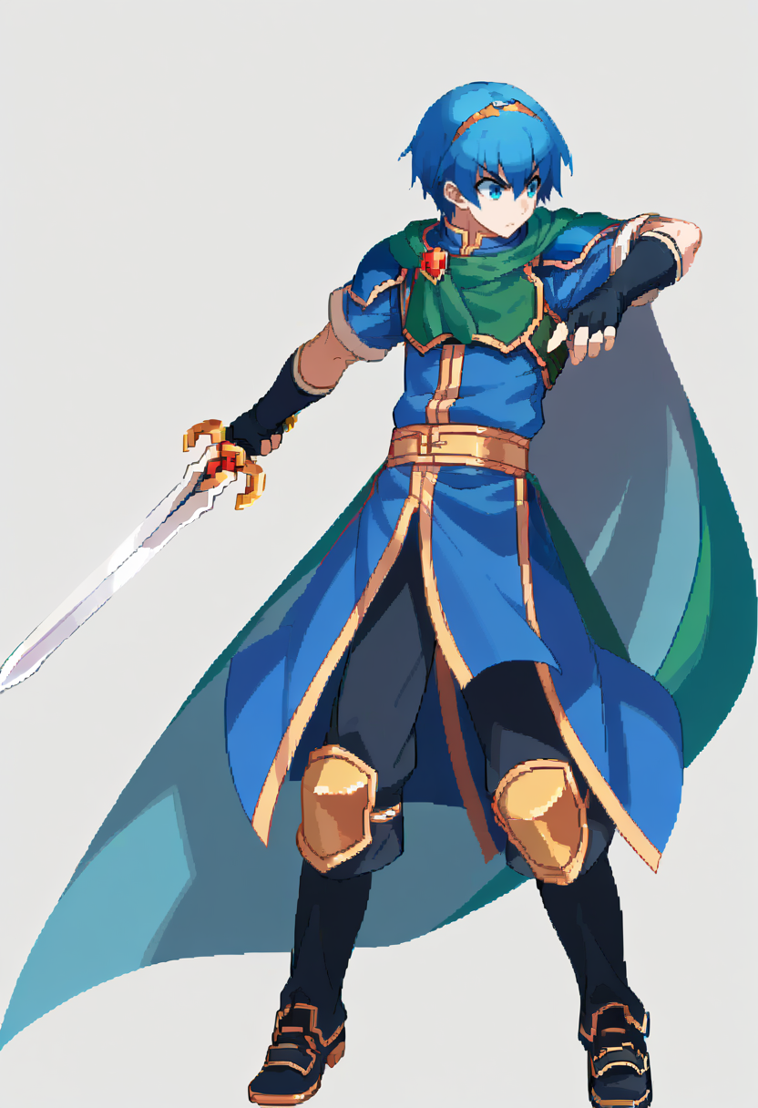 score_9, score_8_up, score_7_up, source_anime, BREAK, solo, 1boy, <lora:Dengeki_Bunko-pdxl_Fp:1>, simple background, standing, full body, <lora:Marth-pdxl_Fp:1>, marthfe, blue hair, blue eyes, short hair, tiara, blue tunic, armor, cape, fingerless gloves, holding sword, sword