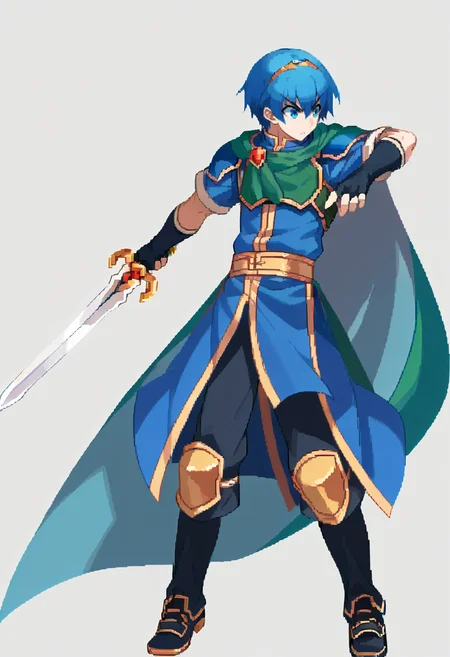 score_9, score_8_up, score_7_up, source_anime, BREAK, solo, 1boy, <lora:Dengeki_Bunko-pdxl_Fp:1>, simple background, standing, full body, <lora:Marth-pdxl_Fp:1>, marthfe, blue hair, blue eyes, short hair, tiara, blue tunic, armor, cape, fingerless gloves, holding sword, sword