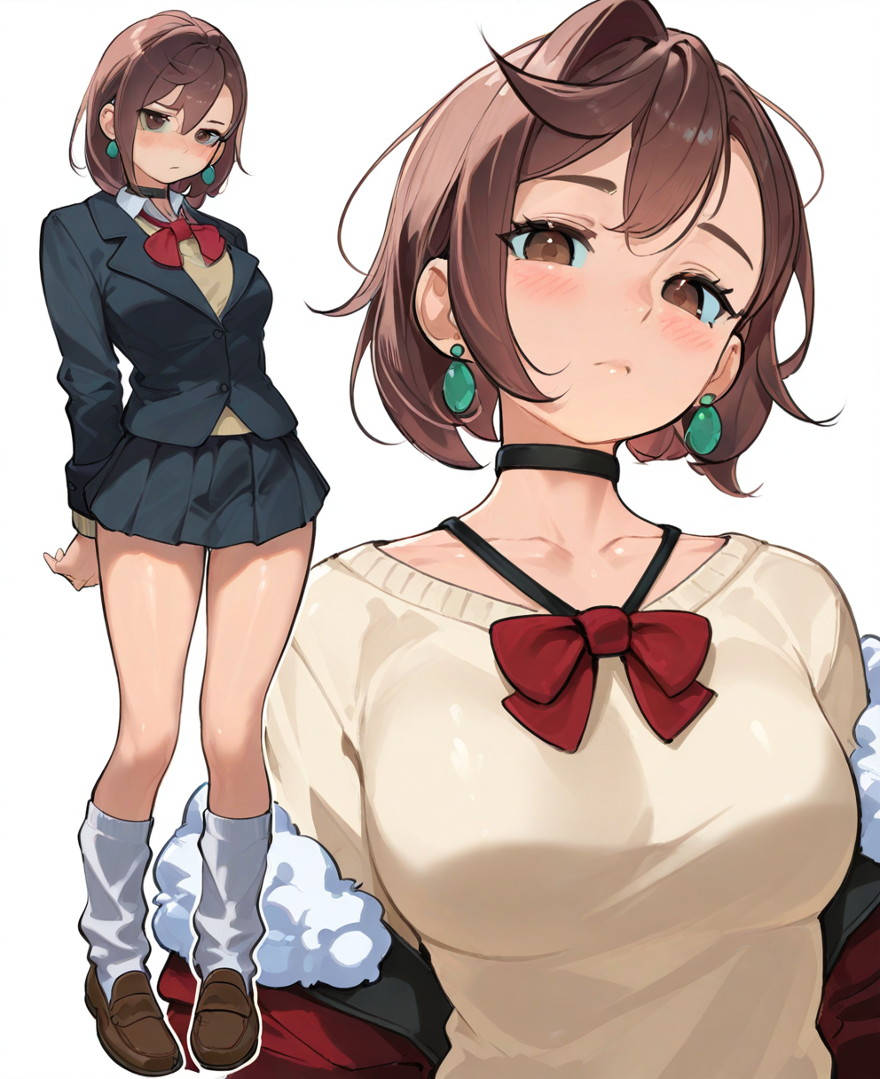 <lora:bea_lenoir:1> bea_lenoir,
(masterpiece), (best quality), (ultra-detailed), amazing quality, very aesthetic, illustration, perfect composition, intricate details, absurdres, incredibly absurdres, shiny skin, realistic,
 bea_lenoir, 1girl, jewelry, earrings, skirt, brown hair, white background, socks, bow, brown footwear, looking at viewer, choker, shirt, brown eyes, red bow, bowtie, simple background, loafers, white shirt, jacket, multiple views, blush, breasts, shoes, loose socks, pleated skirt, long sleeves, red bowtie, sweater, school uniform, full body, black choker, standing, white socks, black skirt, short hair, closed mouth, off shoulder, collarbone, miniskirt, medium breasts, collared shirt, fur trim, sensitive