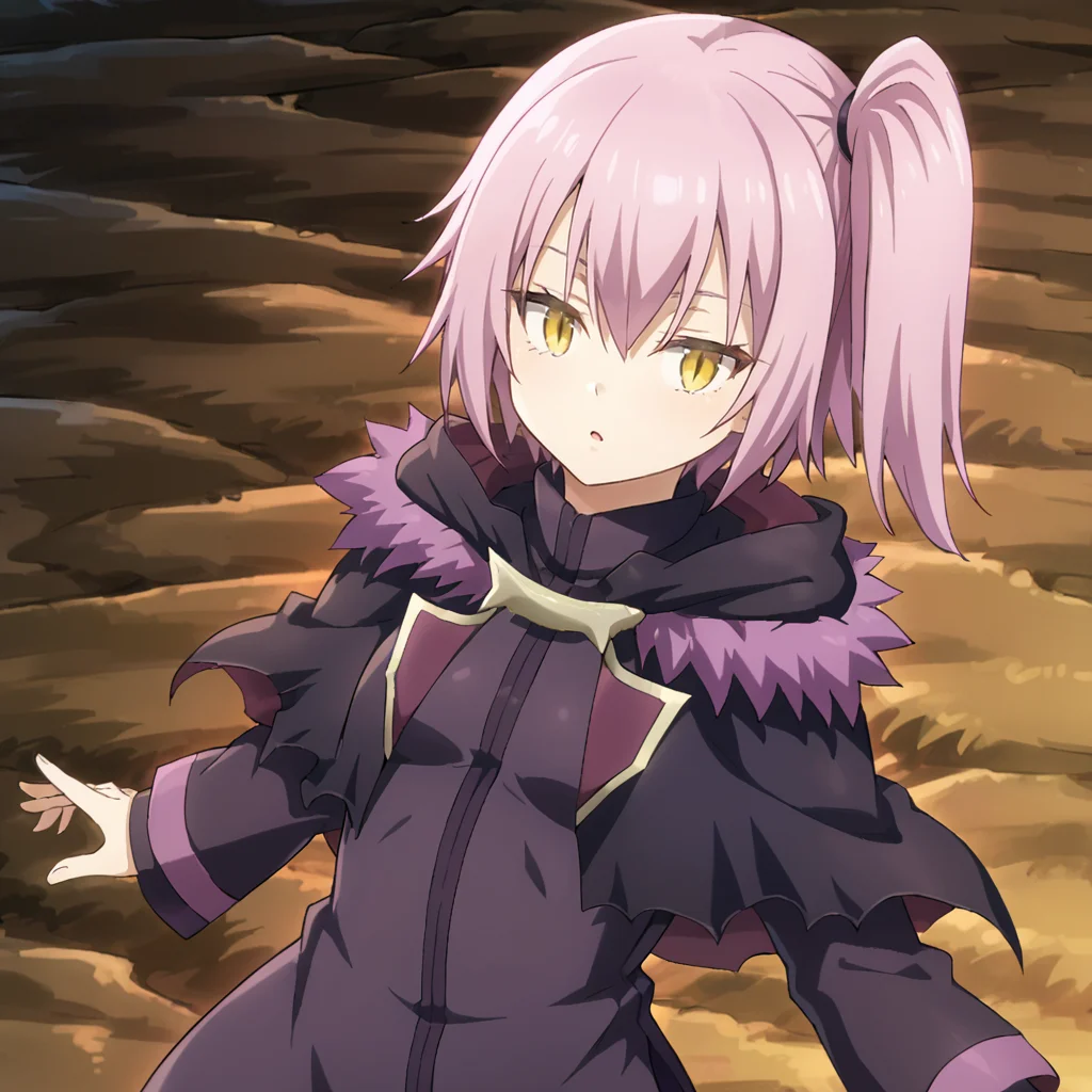 1girl, solo, ultima, slit pupils, pink hair, purple hair, short hair, side ponytail, yellow eyes, bangs, hair between eyes, small breasts, black jacket, fur trim, purple trim, capelet, long sleeves, long dress, hips,
<lora:Ultima:0.8>