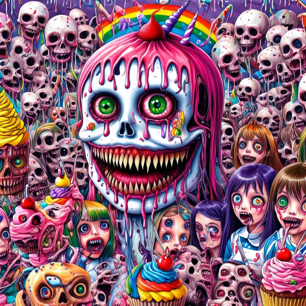 Lisarank, creepy cupcake with scary mouth looming over anime girls at a birthday party, skulls and cake, rainbows, cute, high quality, high resolution,