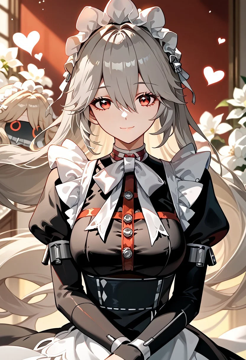score_9,score_8_up,score_7_up,source_anime,ALEXANDRINA_SEBASTIANE,1girl,solo,long hair,looking at viewer,smile,bangs,red eyes,dress,bow,hair between eyes,closed mouth,upper body,grey hair,heart,frills,puffy sleeves,bowtie,black dress,maid,maid headdress,white bow,