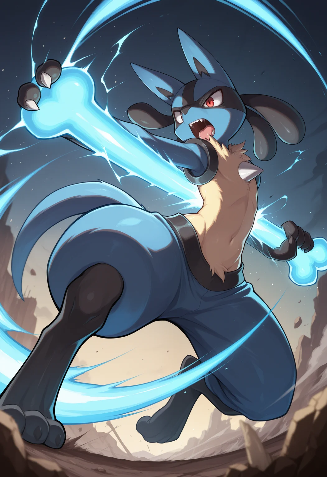 masterpiece,best quality,amazing quality, 1boy, solo, luc4r10, blue pants, tail, holding bone (weapon), attack,