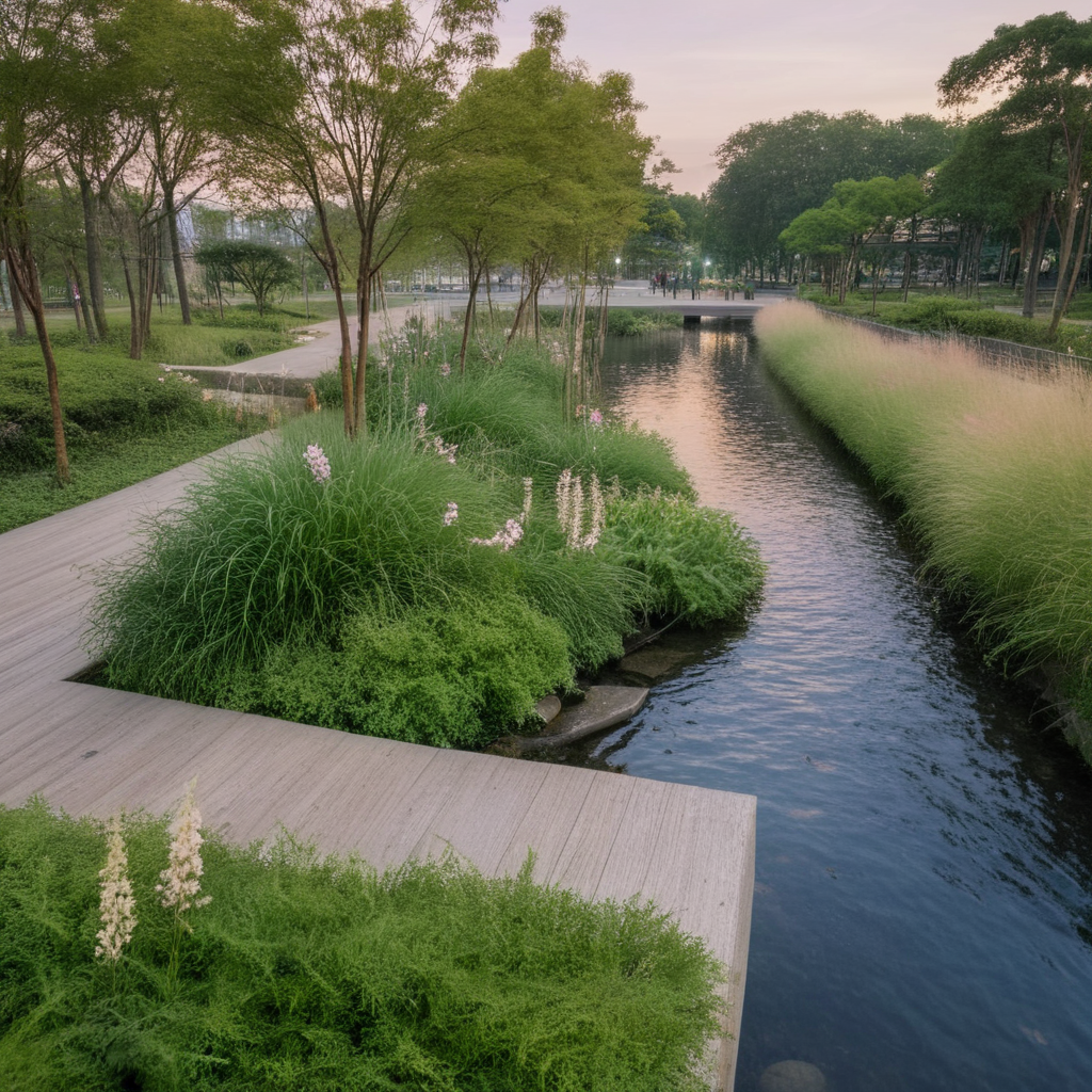 <lora:JJsEcology_Park_XL:1>, ((Ecology Park)),masterpiece , best quality, Landscape, scenery, outdoors, building, tree, sky, real world location, grass, bush, flower, city, water, lawn, sidewalk, ivy, bench,sakura, dawn, rain,pond,day, column, beam, RAW photo, subject, 8k uhd, dslr, soft lighting, high quality, film grain, Fujifilm XT3, aquatic plants, wood hand rail, soil, wild grass,  river, rock,pebble, fish under water,