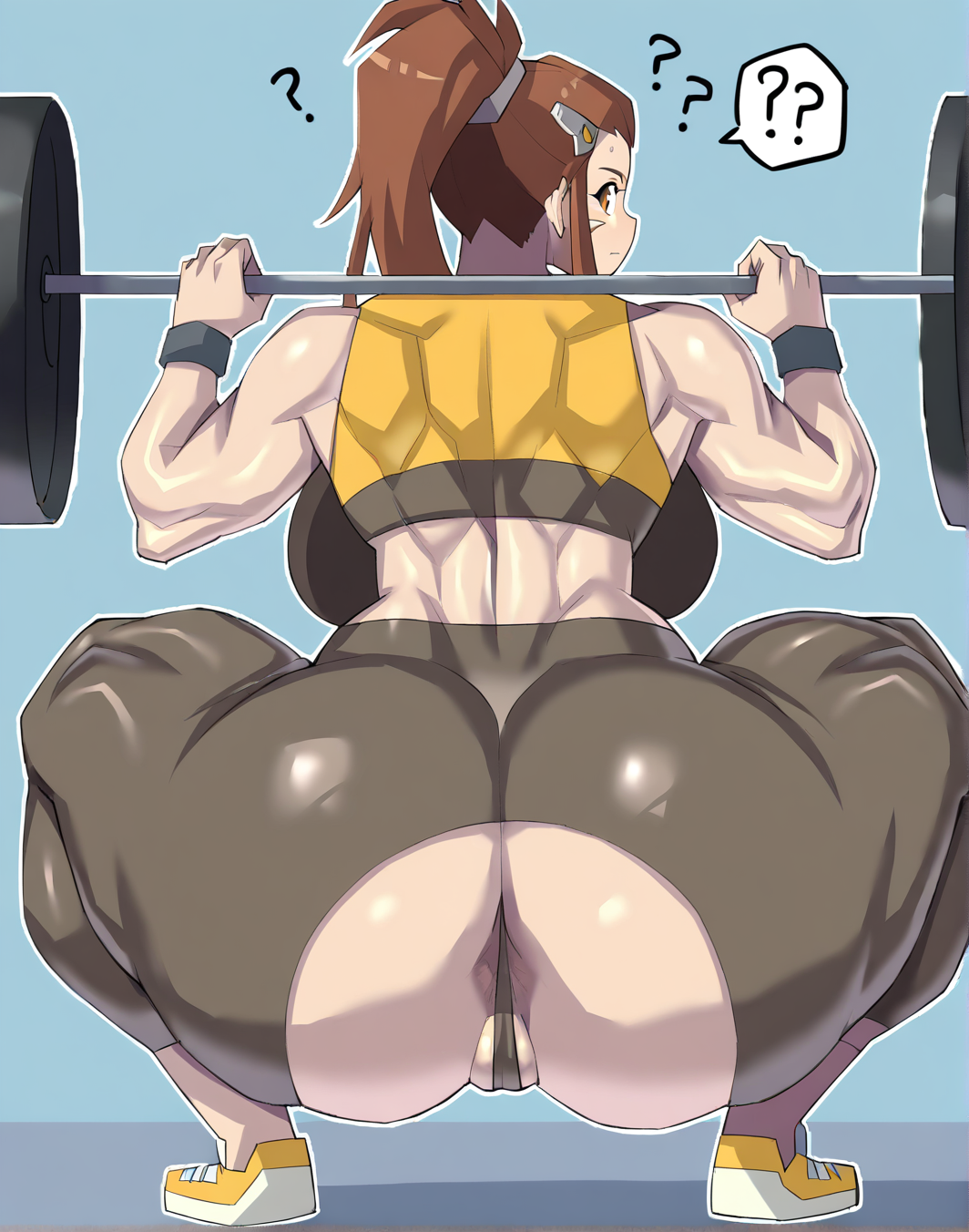<lora:Sakana88888888_-_WAI-000027:1>, Masterpiece, Brigitte (Overwatch), 1girl, solo, Squatting, slightly widened eyes, raised eyebrow, (neutral mouth), Barbell behind head, Hands gripping barbell, Tight crop top, large breasts, muscular body, midriff, abs, thick thighs, huge ass, Tight Spats, Ripped Spats, Anus Peek, Pussy Peek, Looking behind, ??, Ass facing the viewer, Gym Setting,