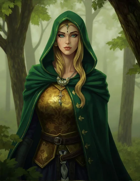<lora:ck-LttleGhost-000011.safetensors:1> in the style of ck-lttlegh0stA majestic woman clad in medieval fantasy attire stands amidst a misty forest backdrop. She wears a royal green hooded cloak embroidered with gold, paired with an ornate golden breastplate and delicate necklace. Her blonde hair cascades from the hood, exuding both mystique and authority.