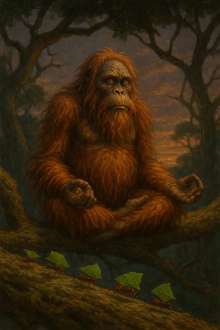 Ancient primordial orangutan meditating on a tree branch at dusk, leaf cutter ants walking nearby