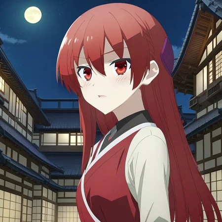 score_9, score_8_up, score_7_up, source_anime, rating_safe, , (3d:0.4), 1girl, solo, tsukasa_yuzaki, red hair, red eyes, long hair, hair between eyes, bangs, close-up, town, japanese architecture, night, crescent moon, one leg up, speaking, talking,