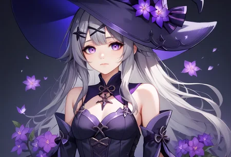 score_9,score_8_up,score_7_up,score_6_up,score_5_up,<lora:Anime_Style_For_Pony:0.5>,score_4_up,<lora:Add_more_details_V2_XLpony:0.5>,full_details,source_anime,perfect eyes,1girl,bare shoulders,closed mouth,detached sleeves,flower,grey hair,hair ornament,hair ribbon,hat,hat flower,long hair,looking at viewer,purple eyes,purple flower,purple hat,purple nails,ribbon,witch hat,x hair ornament,