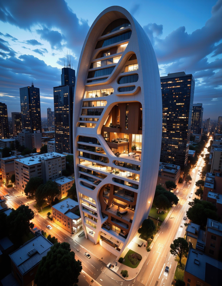Futura. A photo-realistic shoot from a bird's eye view about a futuristic building with curved architectural features in a city at night. the image also shows a long exposure shot of a busy city street at night, with cars and light trails. on the right of the image, a tall, modern building with a unique architectural design, featuring curved, segmented windows and a wooden interior, is positioned in the middle of the city. the building is surrounded by other skyscrapers, with the cityscape visible in the background. the sky is a deep blue, with a few clouds scattered across it. the lighting is soft and warm, casting gentle shadows on the building's exterior. in the foreground, there are trees and other greenery, adding to the urban atmosphere of the scene. <lora:Futura-000005:1>