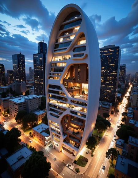 Futura. A photo-realistic shoot from a bird's eye view about a futuristic building with curved architectural features in a city at night. the image also shows a long exposure shot of a busy city street at night, with cars and light trails. on the right of the image, a tall, modern building with a unique architectural design, featuring curved, segmented windows and a wooden interior, is positioned in the middle of the city. the building is surrounded by other skyscrapers, with the cityscape visible in the background. the sky is a deep blue, with a few clouds scattered across it. the lighting is soft and warm, casting gentle shadows on the building's exterior. in the foreground, there are trees and other greenery, adding to the urban atmosphere of the scene. <lora:Futura-000005:1>