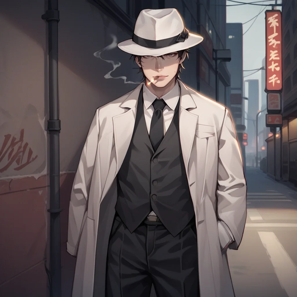 score_9,score_8_up,score_7_up,score_6_up,source_anime,rating_questionable, solo, urban, mafioso, <lora:Mafia_Outfit:0.8> mafi4, necktie, gloves, suit, fedora, white shirt, black vest, black pants, coat, cigarette,, zPDXL2,