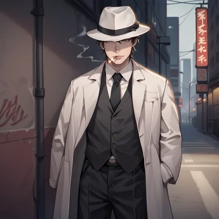 score_9,score_8_up,score_7_up,score_6_up,source_anime,rating_questionable, solo, urban, mafioso, <lora:Mafia_Outfit:0.8> mafi4, necktie, gloves, suit, fedora, white shirt, black vest, black pants, coat, cigarette,, zPDXL2,