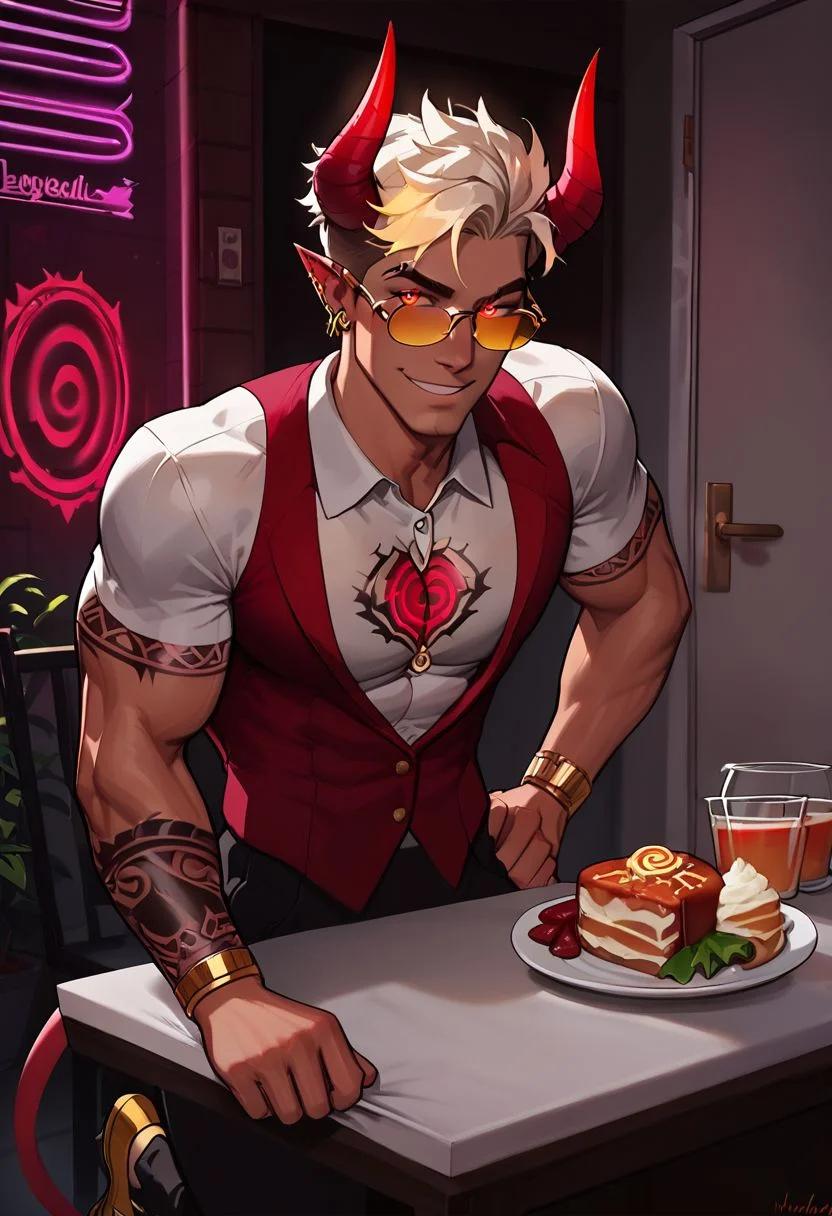 score_9, score_8_up, score_7_up,score_9, score_8_up, score_7_up, (Boy: light tan skin, Toned and tall), Pretty face, handsome smile, perfect face, (((White Glowing hair))), ((Glowing golden irises)), (Neon Red pupils), tan skin, shiny skin, Curley short haircut, ((2 spiral red horns)), (((Demon))), (Medium muscle build), gages in ears, Neon tattoos on arms, Neon V tattoo on hips, Neon demon tattoos on chest, wild hair, toned hips, ((fit look, large Gold intelligent glasses)), white sleeves dress shirt, Red vest, gold embroidery, dress shoes, eating meal on table, thanking wife for food, ((Gold aura surrounding body)),
Knocking on bedroom door, outside of bedroom door, waiting for response, knocking sound effects, view from behind