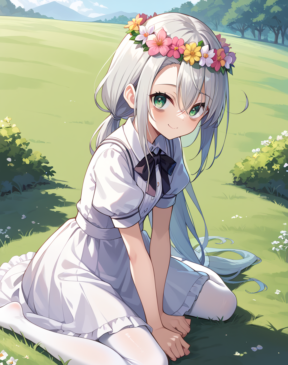 rene_yuusha, grey hair, green eyes, low ponytail,  puffy sleeves, black neck ribbon, very long hair, short sleeves, closed mouth, bags under eyes,white pure  dress, bell skirt, white pantyhose, flower crown  BREAK outdoors,field of grass, flowers BREAK sitted on ground, happy face, open mouth,  wariza, from side  BREAK score_9, score_8_up, score_7_up, source_anime ,zPDXL, perfect hand,<lora:Rene-000017:0.8>
