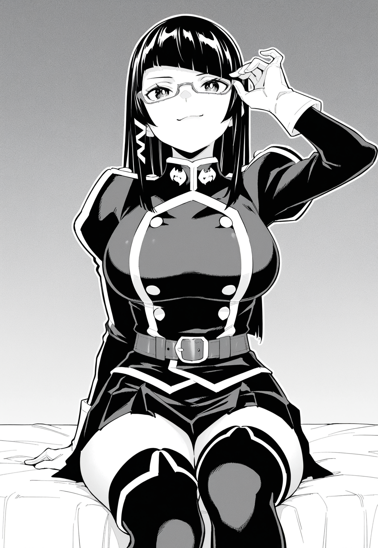 masterpiece, best quality, amazing quality, 1girl, solo, detailed beautiful eyes, white pupils, maia azuma, long straight dark hair, angled straight bangs, white ribbon in hair, glasses, narrow eyes, large breasts, wide hips, manga, monochrome, black long sleeve military uniform with trim and buttons, puffy shoulders, white gloves, short black skirt with trim, belt with buckle, black thigh high boots with buckle, hand adjusting glasses, smug expression, sitting down and looking up at viewer







