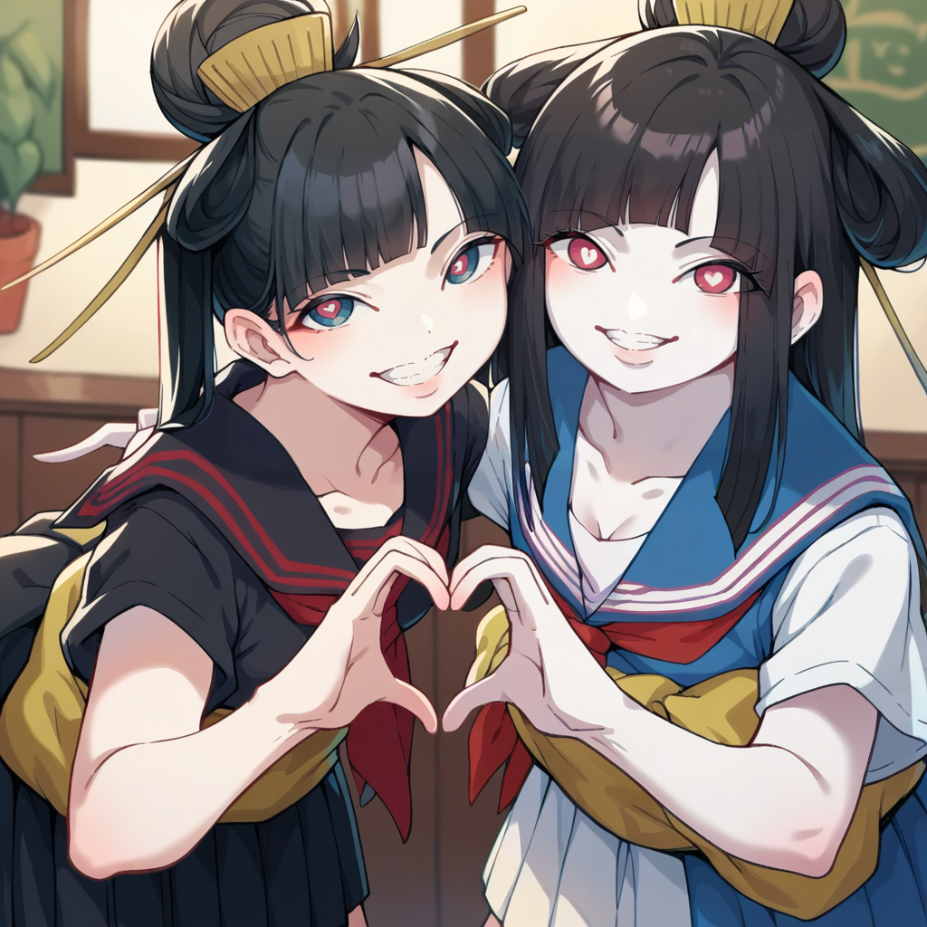 score_9, score_8_up, score_7_up, score_6_up, score_5_up BREAK t1u5, 2girls, flat color, heart hands duo, school uniform, pleated skirt, black hair, black serafuku, long hair, v, looking at viewer, smile, leaning forward, red neckerchief, black skirt, long sleeves, hair ornament, hair stick, obi, symbol-shaped eyes, pale skin, blue kimono, single hair bun, twintails, <lora:tukiGirlPDXL32v0.93tx1-000011:1>
