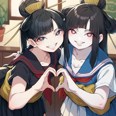 score_9, score_8_up, score_7_up, score_6_up, score_5_up BREAK t1u5, 2girls, flat color, heart hands duo, school uniform, pleated skirt, black hair, black serafuku, long hair, v, looking at viewer, smile, leaning forward, red neckerchief, black skirt, long sleeves, hair ornament, hair stick, obi, symbol-shaped eyes, pale skin, blue kimono, single hair bun, twintails, <lora:tukiGirlPDXL32v0.93tx1-000011:1>