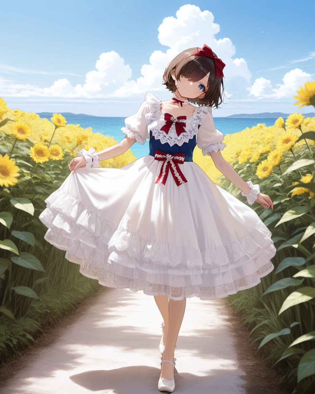 Positive: Masterpiece, best quality, amazing quality, very aesthetic, high resolution, ultra-detailed, absurdres,
1girl, solo, 
brown hair,short hair,blue eyes,
hair over one eye,
blue top white skirt red accented lace bow dress,
blue vest,white dress,red bow,puffy short sleeves,frilled dress,lace trim,apron,wrist cuffs,choker,lace,frills,
hair bow,
white pumps with bow,
full_body,walking, arms extended horizontally at shoulder height with relaxed palms, slight upward head tilt gazing diagonally,
outdoors, blue_sky,white cloud,flowers sea，