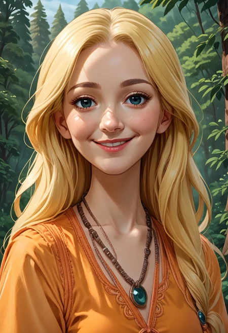 score 9, score 8, score 7, 1girl, solo, pmel, blonde hair, long hair, upper body, orange dress, looking at viewer, smile, necklace, exterior, forest,