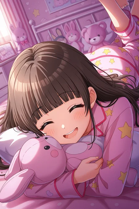 masterpiece, best quality, amazing quality,
 <lora:Michiru_IL:1> michiru, 1girl, stuffed toy, stuffed animal, pajamas, closed eyes, long hair, smile, solo, object hug, bangs, open mouth, pillow, lying, brown hair, long sleeves, bed, on stomach, indoors, blunt bangs, teeth, upper teeth only, stuffed bunny, star print, holding stuffed toy, ^ ^