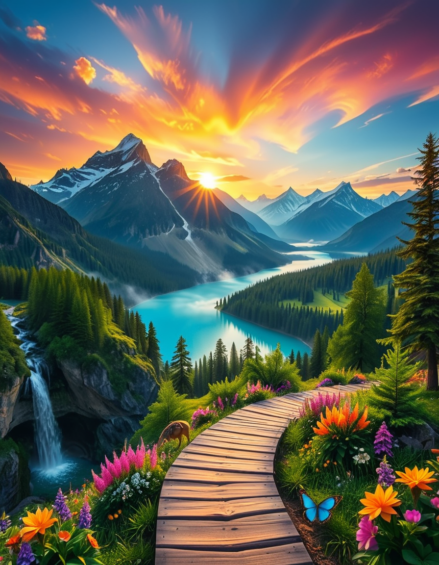 A breathtaking, high-resolution photograph of the most beautiful place on Earth, where natureâs wonders blend in perfect harmony. Towering, snow-capped mountains rise majestically in the background, their peaks glowing under the golden hues of a setting sun. Below, a crystal-clear turquoise lake reflects the colors of the sky, surrounded by lush, green forests filled with ancient trees, vibrant wildflowers, and cascading waterfalls. A soft mist rises from the valley, adding a dreamlike quality to the scene. In the distance, rolling meadows stretch toward the horizon, dotted with colorful flowers and serene wildlifeâgraceful deer grazing, birds soaring in the sky, and butterflies dancing in the breeze. A wooden footpath winds through the landscape, leading to a secluded, tranquil spot where the beauty of nature can be fully admired. The air is crisp and filled with the soothing sounds of rustling leaves, flowing water, and distant birdsong. The sky above is a masterpiece of colorsâdeep oranges, purples, and pinks blending seamlessly as the sun sets, casting a magical glow over this untouched paradise. The atmosphere is peaceful, awe-inspiring, and filled with a deep sense of wonder and tranquility, as if stepping into a perfect dream.
<lora:SDXLFaeTastic2400:0.4> <lora:extremely_detailed:0.4> extremely detailed, <lora:Earth_P4r4d1s3:1>,Earth P4r4d1s3, Masterpiece,best quality,hi res,8k,hi res,8k,award winning,(sharp focus, intricate, highly detailed),