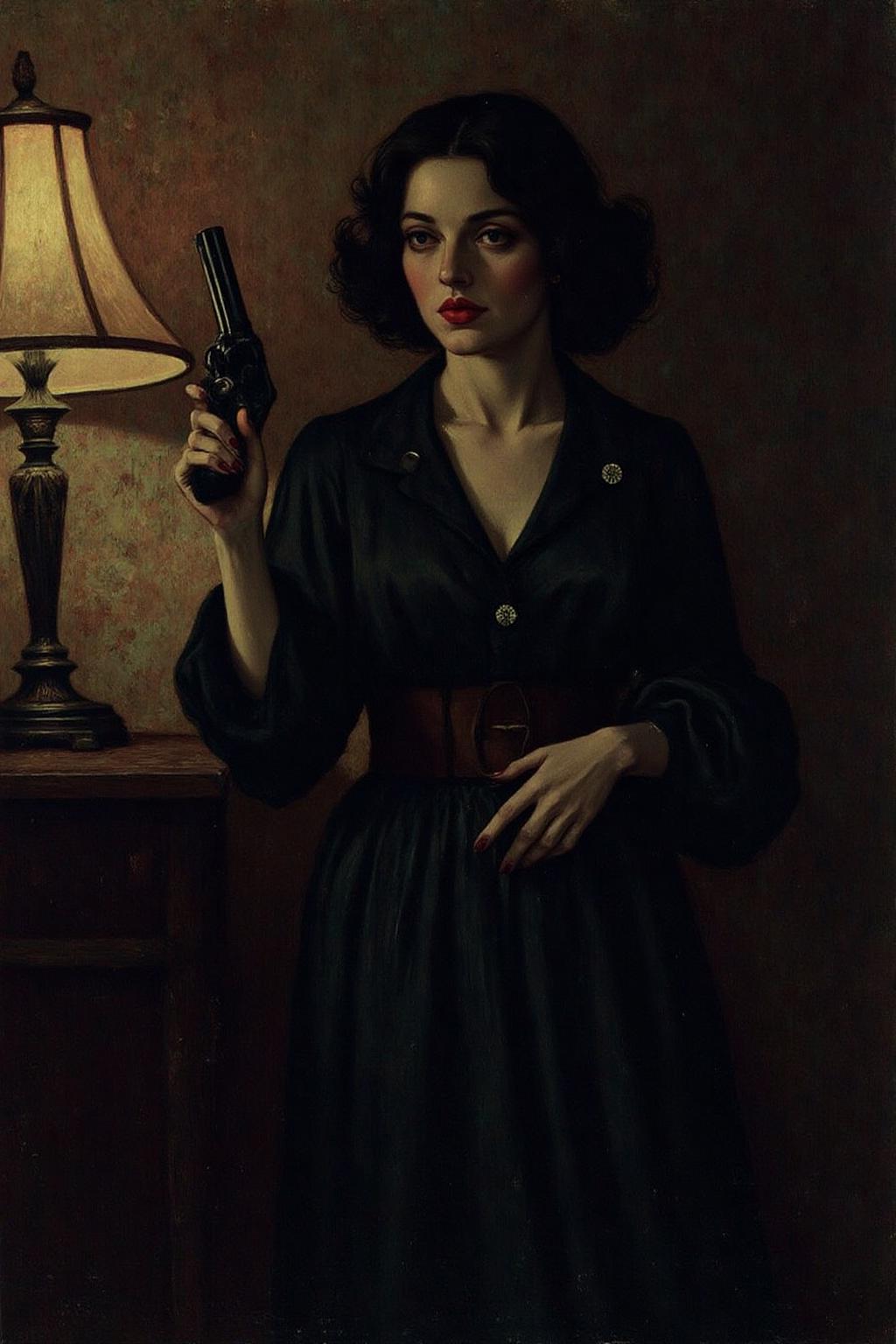 hopy1 illustration.
a mysterious woman with dark, wavy hair and piercing eyes stands in the shadows of a dimly lit room. She is holding a small revolver with a delicate yet firm grip. Her red lipstick is the only color that stands out in the darkness, her intentions unclear but dangerous. <lora:hopy1_cap_d6a3e12:1.0><lora:826175640144303988:0>