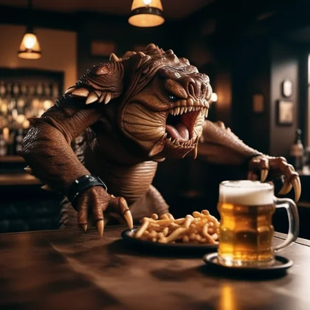 cinematic photo monster, claws, sharp teeth, having a beer in a pub <lora:Rancor1024:0.8> . 35mm photograph, film, bokeh, professional, 4k, highly detailed