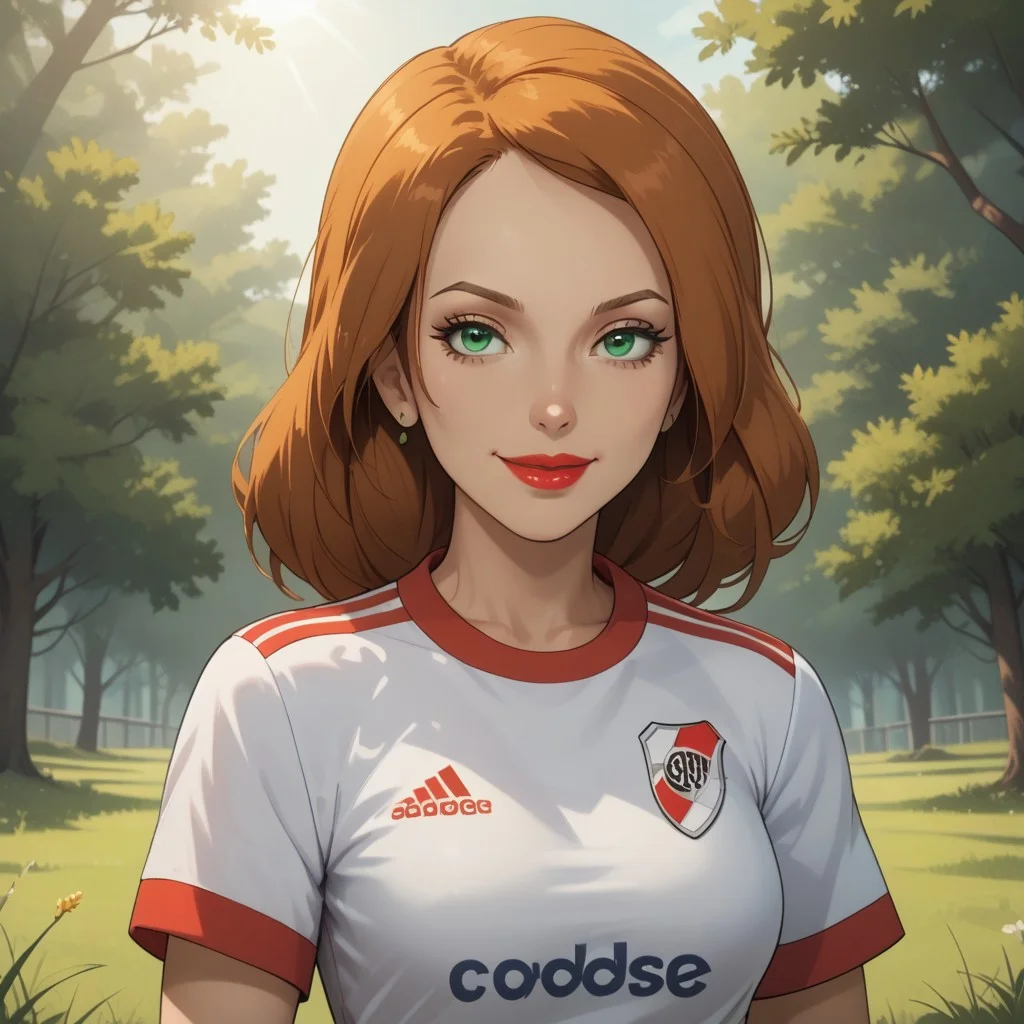 score_9, score_8, BREAK, solo, light brown hair, green eyes, red lips, lipstick, earrings, RiverPlate, striped shirt, striped, shirt, white shirt, short sleeves, clothes writing, sportswear, soccer uniform, breasts, Scarlet_(Sonic_X), sexy pose, self portrait, smile, looking at viewer, outdoors, sunlight, shadows, evening lighting, natural lighting, forest, trees, grass, orange sky, sunset