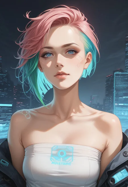score_9,score_8_up,score_7_up,best quality,very aesthetic,absurdres,masterpiece,colourful,
1girl,solo,asymmetrical hair,short hair,blue hair,green hair,pink hair,multicolored hair,blue eyes,eyeliner,eyeshadow,makeup,bare shoulders,looking at viewer,(cyberpunk),hlpr,futuristic,hologram,glitch,holographic face,ui,interface,nodes,particles,(glowneon),(glowing), (western:0.6), (european:0.6)