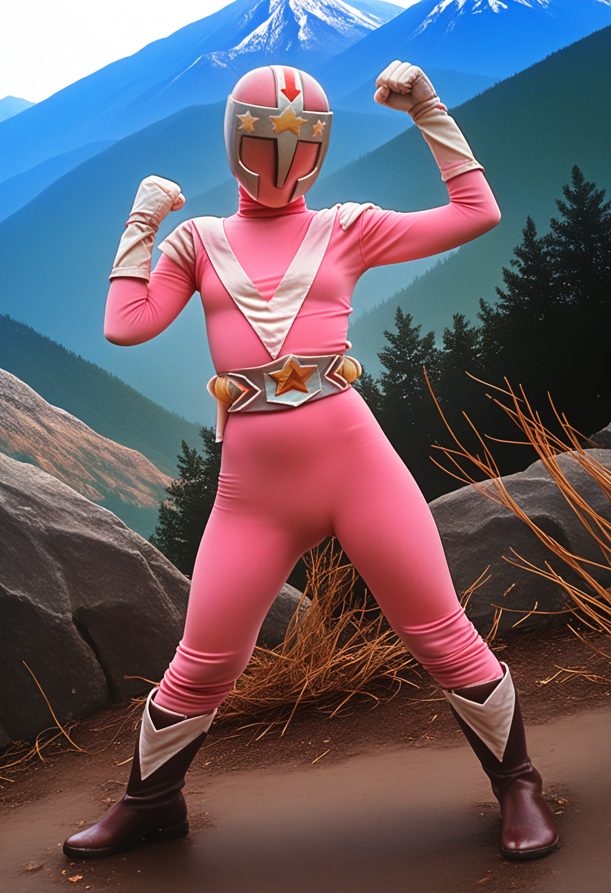 score_9, score_8_up, realistic, realistic_style, 1girl, solo, outdoors, mountain, full body, fighting stance,  <lora:Bankid_Swan_pony1.2:1>Bankid_Swan, small breasts, belt, helmet, gloves, boots, star \(symbol\), pink bodysuit, no humans,