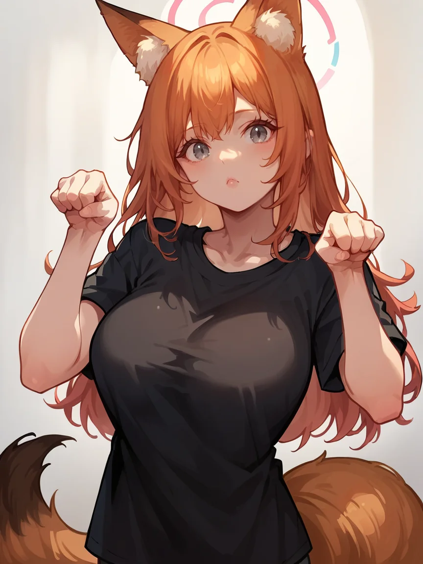score_9, score_8_up, score_7_up, score_6_up, <lora:p4wp0s3XLP:1> p4wp0s3, paw pose, 1girl, fox ears, fox tail, black t-shirt, large breasts, grey eyes, long hair,