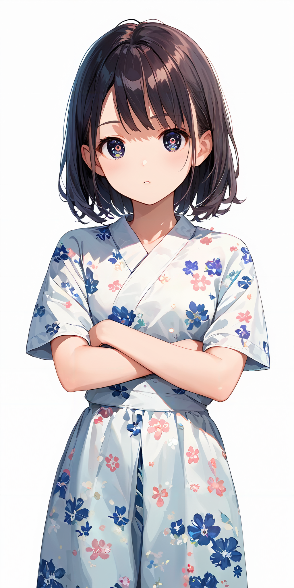score_9, score_8_up, score_7_up,source_anime, high res image,masterpiece,best quality,girl,cute face,clear skin,shiny hair,ultra detailed eyes,simple background, 
 <lora:jinbei_Pony_V1.0:0.7> jyojifuku, floral print, short sleeves