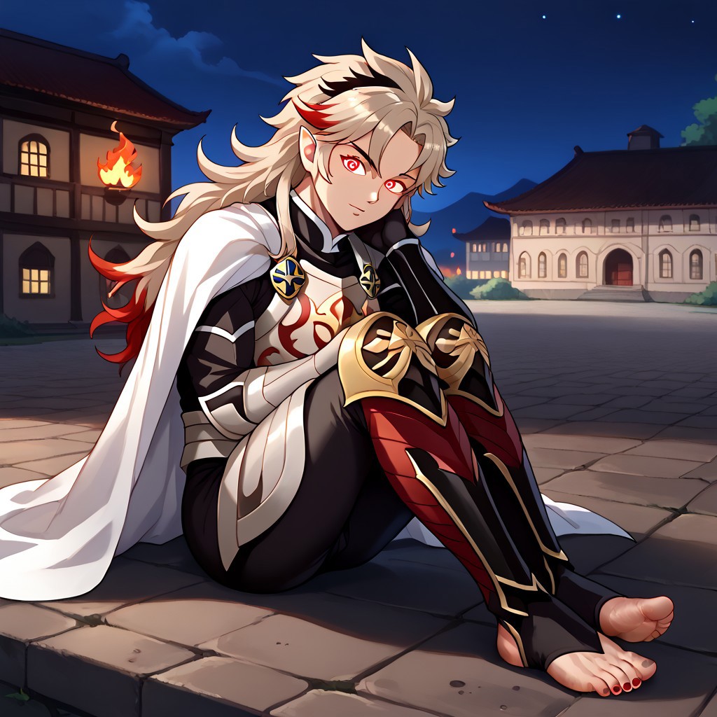 masterpiece, best quality, sharp aliasing, highly detailed, 1male, male body, male,EPfeCorrin, white cape with flames, armour, black gloves, black pants, wearing pants, outdoors, stone tiled ground, buildings, night, barefoot, toeless legwear, armoured legwear, shin armour, leg armour, leg and shin amour, stirrup legwear, black stirrups, 5 toes, Quality, High Definition, Full body view, solo, rengoku kyojuro, forked eyebrowns, long hair, two-tone hair, multicolored hair, red eyes, red eyes, pointy ears, sword, red toenails, dirty feet, glowing eyes, sitting, side view